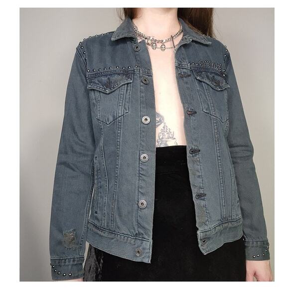 Lucky Brand Distressed Punk Rock Stay Reckless Studded Dark Denim Jacket Sz Med - Picture 4 of 9